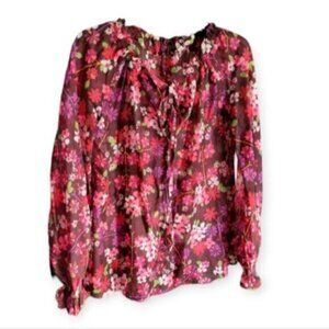 Floral Neon print Ruffle Blouse Sz Medium